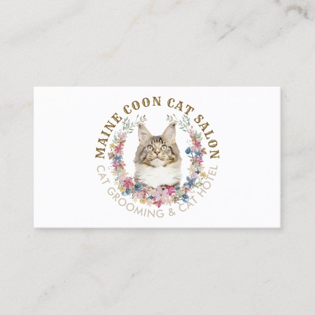Maine Coon Cat Grooming Salon Pet Spa Business Card (Front)