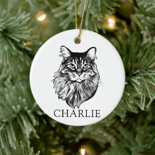 Maine Coon Cat Hand Drawing Personalized Ceramic Ornament