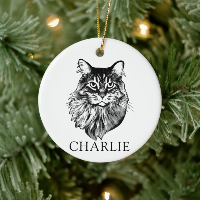 Maine Coon Cat Hand Drawing Personalized Ceramic Ornament (Tree)