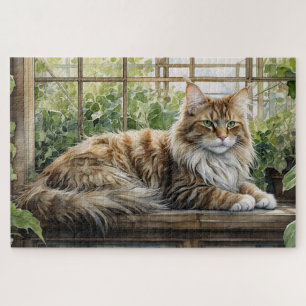 Maine Coon Cat in a Cozy Indoor Garden Jigsaw Puzzle