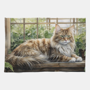 Maine Coon Cat in a Cozy Indoor Garden Kitchen Towel