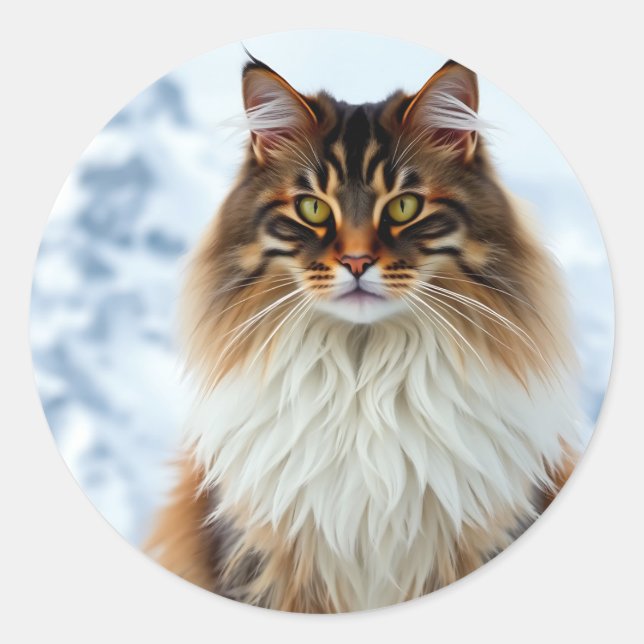 Maine Coon Cat in a Snowy Wilderness Portrait Classic Round Sticker (Front)