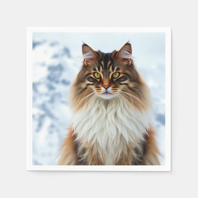 Maine Coon Cat in a Snowy Wilderness Portrait Napkins (Front)