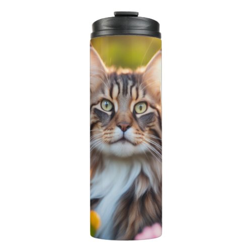 Maine Coon Cat in Flowery Field  Thermal Tumbler