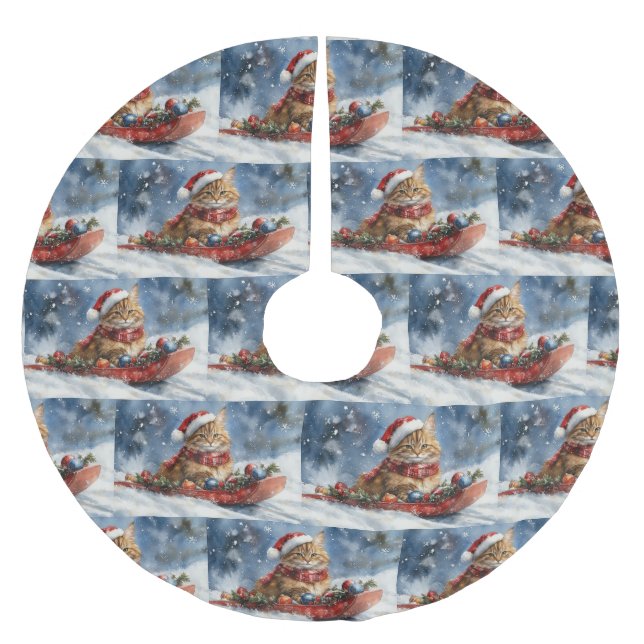 Maine Coon Cat in Sledge Let it Snow Christmas Brushed Polyester Tree Skirt (Front)