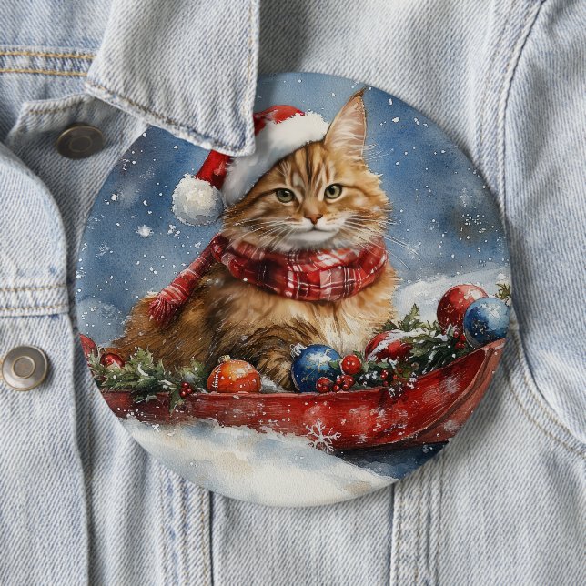 Maine Coon Cat in Sledge Let it Snow Christmas Button (In Situ)