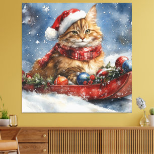 Maine Coon Cat in Sledge Let it Snow Christmas Canvas Print