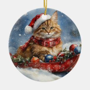 Maine Coon Cat in Sledge Let it Snow Christmas Ceramic Ornament