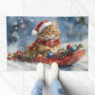 Maine Coon Cat in Sledge Let it Snow Christmas Doormat