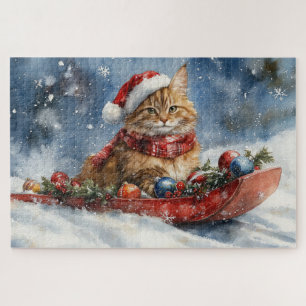 Maine Coon Cat in Sledge Let it Snow Christmas Jigsaw Puzzle