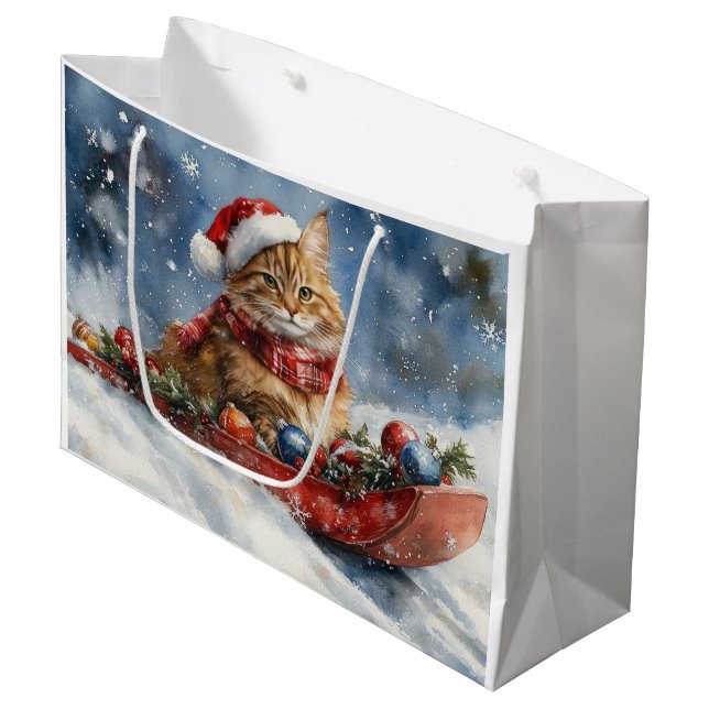 Maine Coon Cat in Sledge Let it Snow Christmas Large Gift Bag (Front Angled)