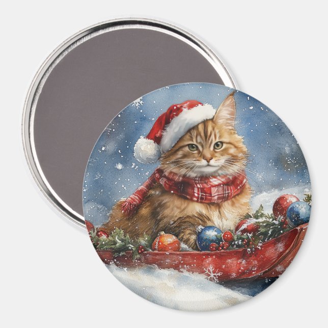 Maine Coon Cat in Sledge Let it Snow Christmas Magnet (Front/Back)