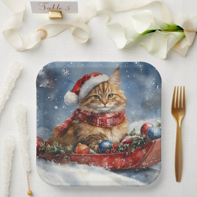 Maine Coon Cat in Sledge Let it Snow Christmas Paper Plates (Wedding)