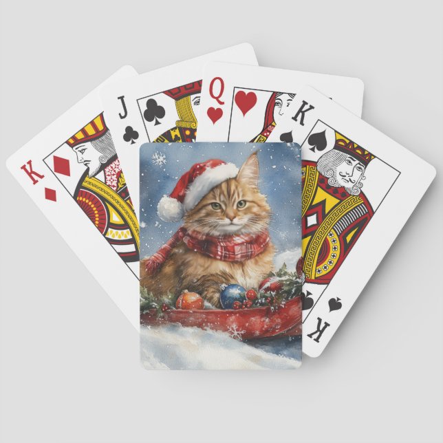 Maine Coon Cat in Sledge Let it Snow Christmas Poker Cards (Back)