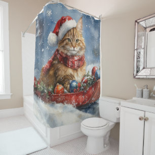 Maine Coon Cat in Sledge Let it Snow Christmas Shower Curtain