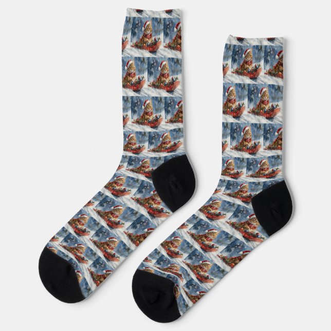 Maine Coon Cat in Sledge Let it Snow Christmas Socks (Left)