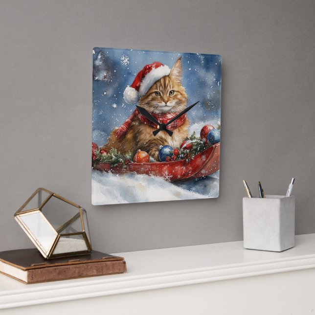 Maine Coon Cat in Sledge Let it Snow Christmas Square Wall Clock (Office)