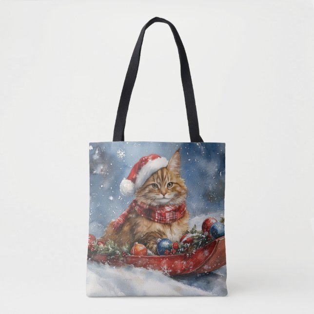 Maine Coon Cat in Sledge Let it Snow Christmas Tote Bag (Front)