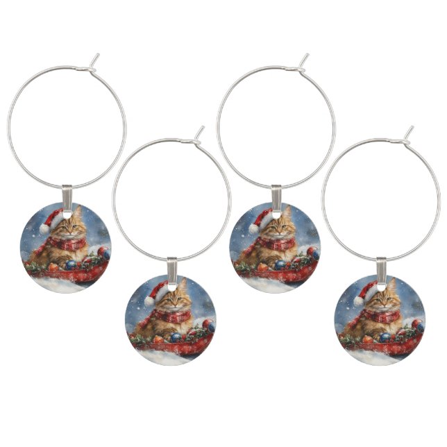 Maine Coon Cat in Sledge Let it Snow Christmas Wine Charm (Staggered)