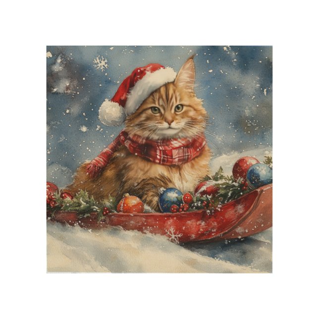 Maine Coon Cat in Sledge Let it Snow Christmas Wood Wall Art (Front)