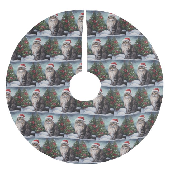 Maine Coon Cat in Snow Christmas Brushed Polyester Tree Skirt (Front)