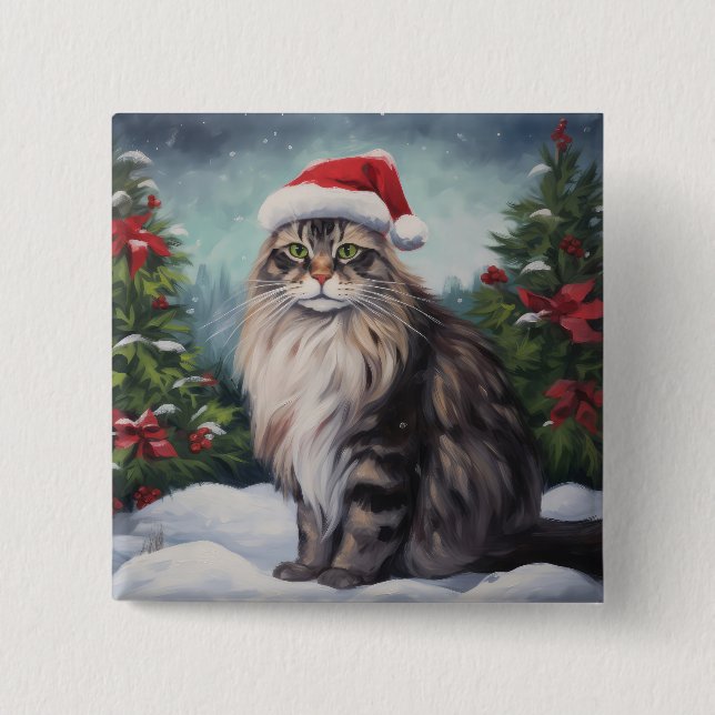 Maine Coon Cat in Snow Christmas Button (Front)