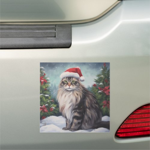 Maine Coon Cat in Snow Christmas Car Magnet
