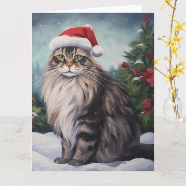 Maine Coon Cat in Snow Christmas Card (Yellow Flower)