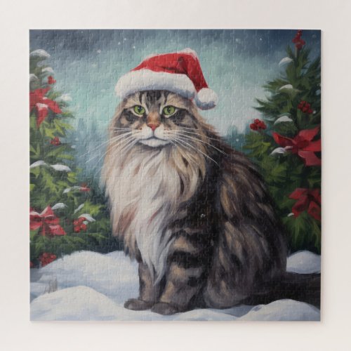 Maine Coon Cat in Snow Christmas Jigsaw Puzzle