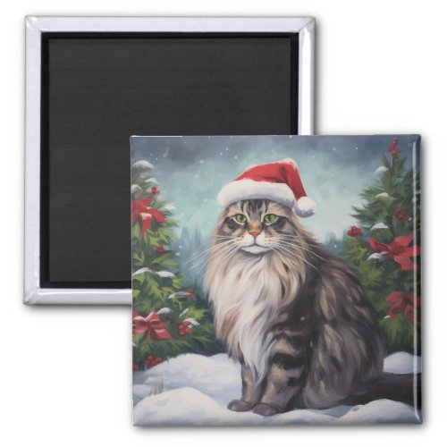 Maine Coon Cat in Snow Christmas Magnet