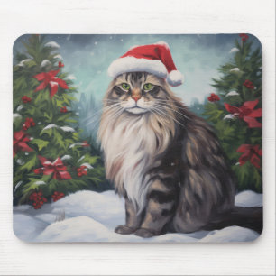 Maine Coon Cat in Snow Christmas Mouse Pad