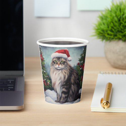 Maine Coon Cat in Snow Christmas Paper Cups