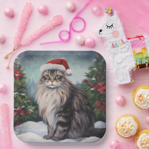 Maine Coon Cat in Snow Christmas Paper Plates