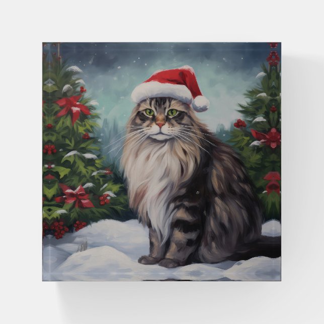 Maine Coon Cat in Snow Christmas Paperweight (Front)