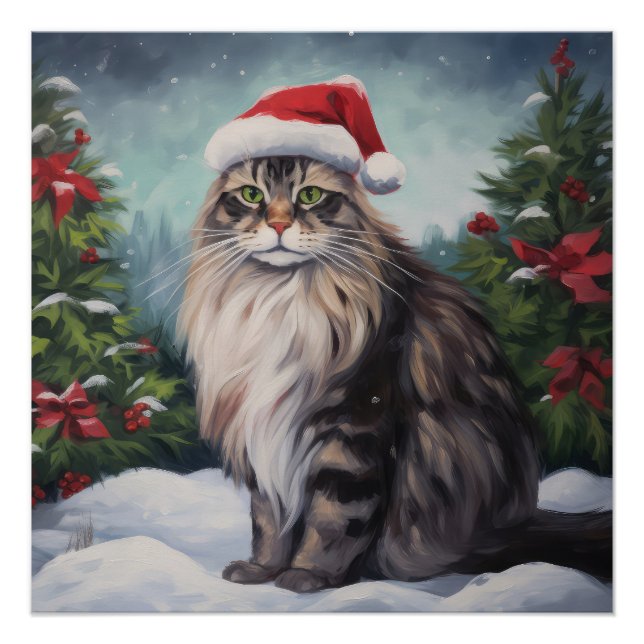Maine Coon Cat in Snow Christmas Poster (Front)