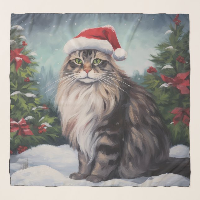 Maine Coon Cat in Snow Christmas Scarf (Front)