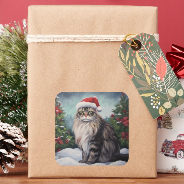 Maine Coon Cat in Snow Christmas Square Sticker (Holiday)