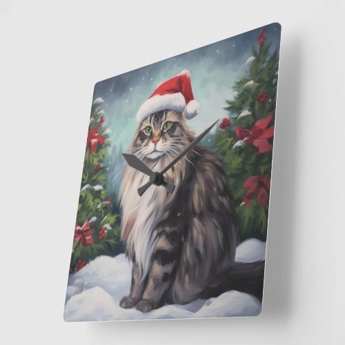 Maine Coon Cat in Snow Christmas Square Wall Clock