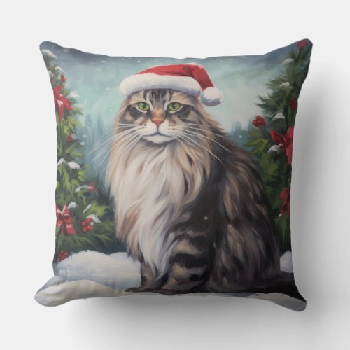 Maine Coon Cat in Snow Christmas Throw Pillow