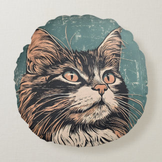 Maine Coon Cat Lino Print Round Pillow