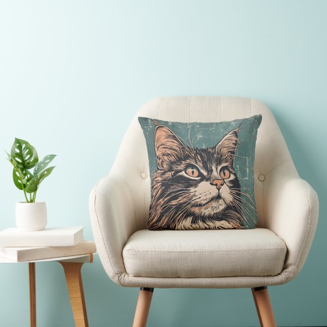 Maine Coon Cat Lino Print Throw Pillow (Chair)