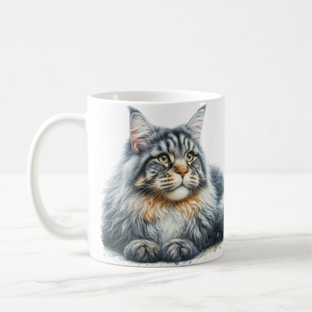 Maine Coon Cat Love in Watercolor Coffee Mug (Left)