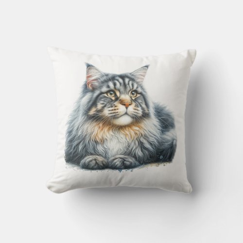 Maine Coon Cat Love in Watercolor Throw Pillow