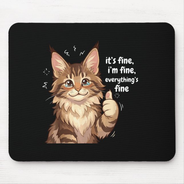 Maine Coon Cat Meme It's Fine I'm Fine Everything' Mouse Pad (Front)