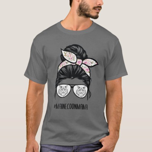 Maine Coon Cat Mom Messy Bun Hair Glasses T_Shirt