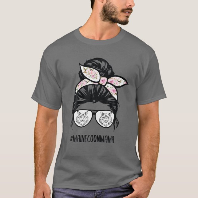 Maine Coon Cat Mom Messy Bun Hair Glasses T-Shirt (Front)