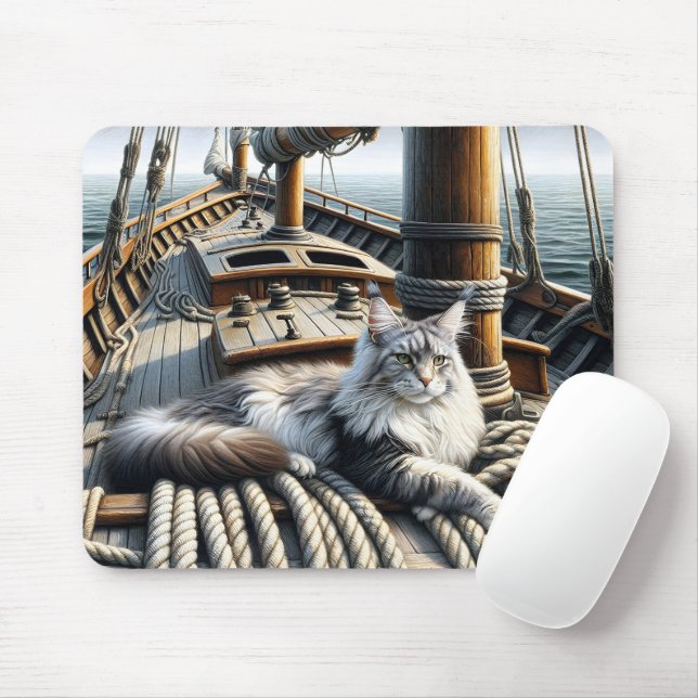 Maine Coon Cat On a Ship Deck Mouse Pad (With Mouse)