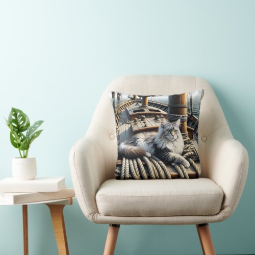 Maine Coon Cat On Ship Ropes Throw Pillow