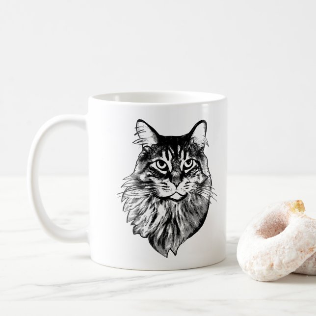 Maine Coon Cat Personalized Drawing Coffee Mug (With Donut)