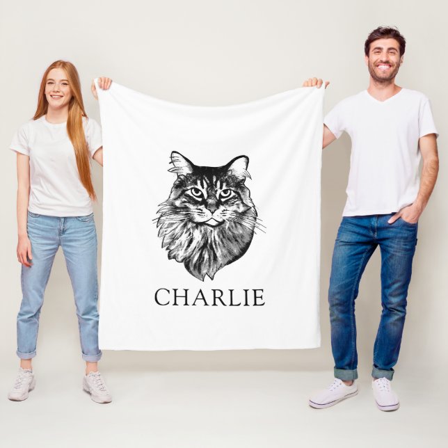 Maine Coon Cat Personalized Drawing Fleece Blanket (In Situ)